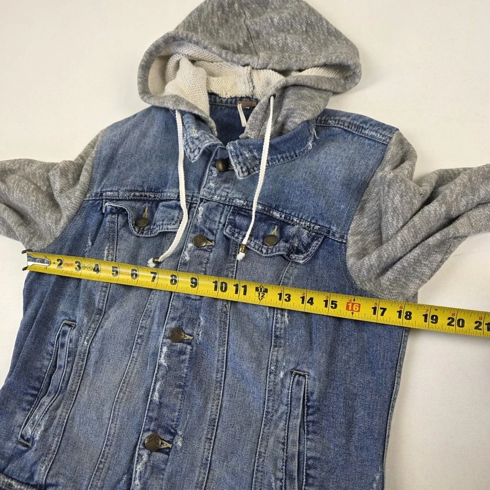 Free People Jacket Womens Large Blue Denim Hooded Sweatshirt Sleeve Button Front - Picture 5 of 13